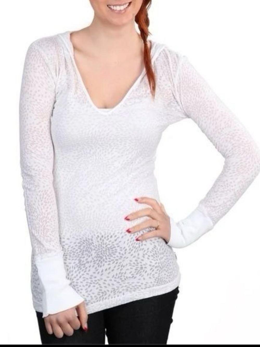 Prana Cream Hooded Burn-out Paisley Print V-Neck Long-Sleeve long line top. L